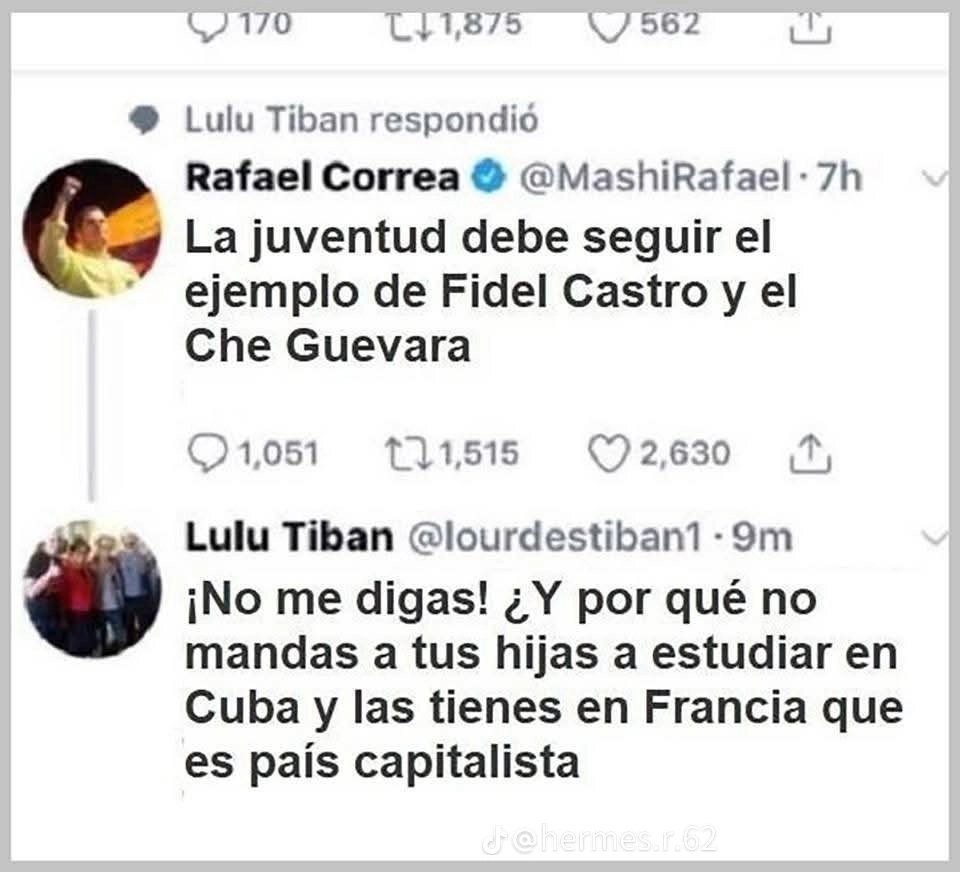 FullDemocracia's tweet photo. El día que Lourdes Tibán avergonzó al prófugo sinverguenza de Rafael Correa.

El delincuente hablaba que la juventud debe seguir el ejemplo de Fidel Castro y el Che Guevara, pero lo curioso es que sus hijos estudiaban en Francia 🤦, en los colegios con sistemas más capitalistas de Europa.

Pero aquí elevamos la apuesta ✍️

¿Conocen ustedes, si alguno de los hijos de estos correistas emblemáticos viven en Cuba?:

Jorge Glas.
la come kaka Gabriela Rivadeneira.
Roberto Cuero.
La vaga de Luisa González.
Aquiles Álvarez .
Pavel Muñoz.
Johanna Nuñez.
Sobrinos de: Paola Cabezas y de Ricardo Patiño. O de cualquier otro carevrg correista que sus hijos estudien o vivan en Cuba?. ¡Si lo saben, respondan el post!

-Los socialistas del siglo 21 Son ladrones, viven y protegen a los delincuentes. Que mientras más dañada esté la sociedad, más pueden robar.

A no votar por ningún correista, ni por esposos y esposas de PPL ligado al correismo.

Cuida tu voto, para evitar que siga creciendo la delincuencia.