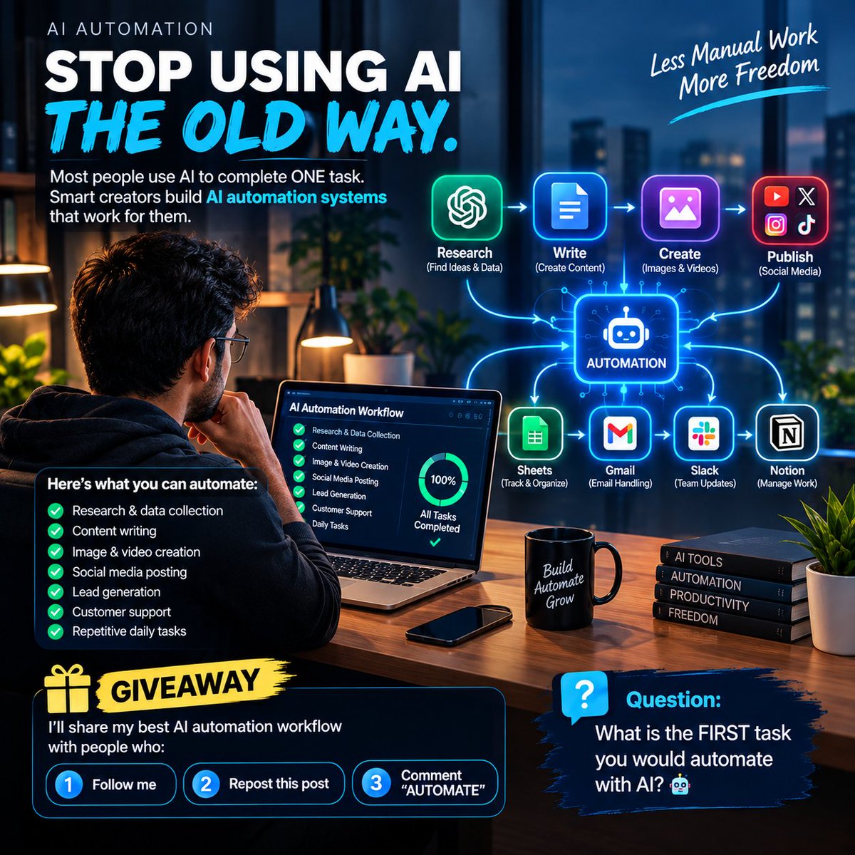 mostofakamal00's tweet photo. 🚨 STOP USING AI THE OLD WAY.

Most people use AI to complete ONE task.

Smart creators build AI AUTOMATION systems that work for them. ⚡

Here’s what you can automate:

→ Research & data collection
→ Content writing
→ Image & video creation
→ Social media posting
→ Lead generation
→ Customer support
→ Repetitive daily tasks

The goal isn’t to use MORE AI tools.

The goal is to connect the RIGHT tools into one powerful system.

🎁 GIVEAWAY:
I’ll share my best AI automation workflow with people who:

1. Follow me
2. Repost this post
3. Comment “AUTOMATE” 👇

Question:
What is the FIRST task you would automate with AI? 🤖