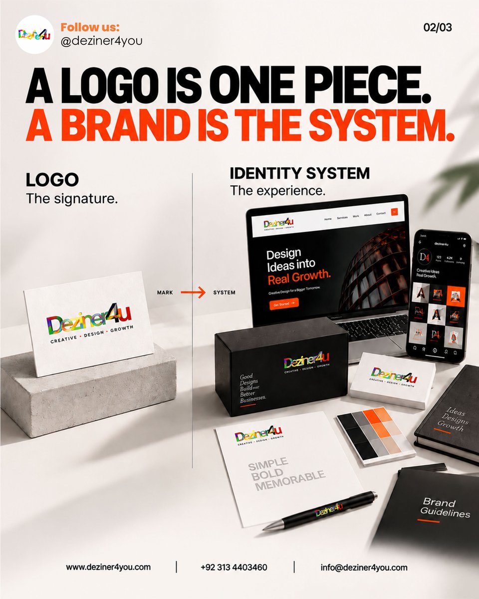 deziner4you's tweet photo. A logo is the signature—not the whole identity. 🖋️ 

Build a brand, not just a graphic. Save this! 📌

#Deziner4you #BrandIdentity https://t.co/4X3YtZvhbs