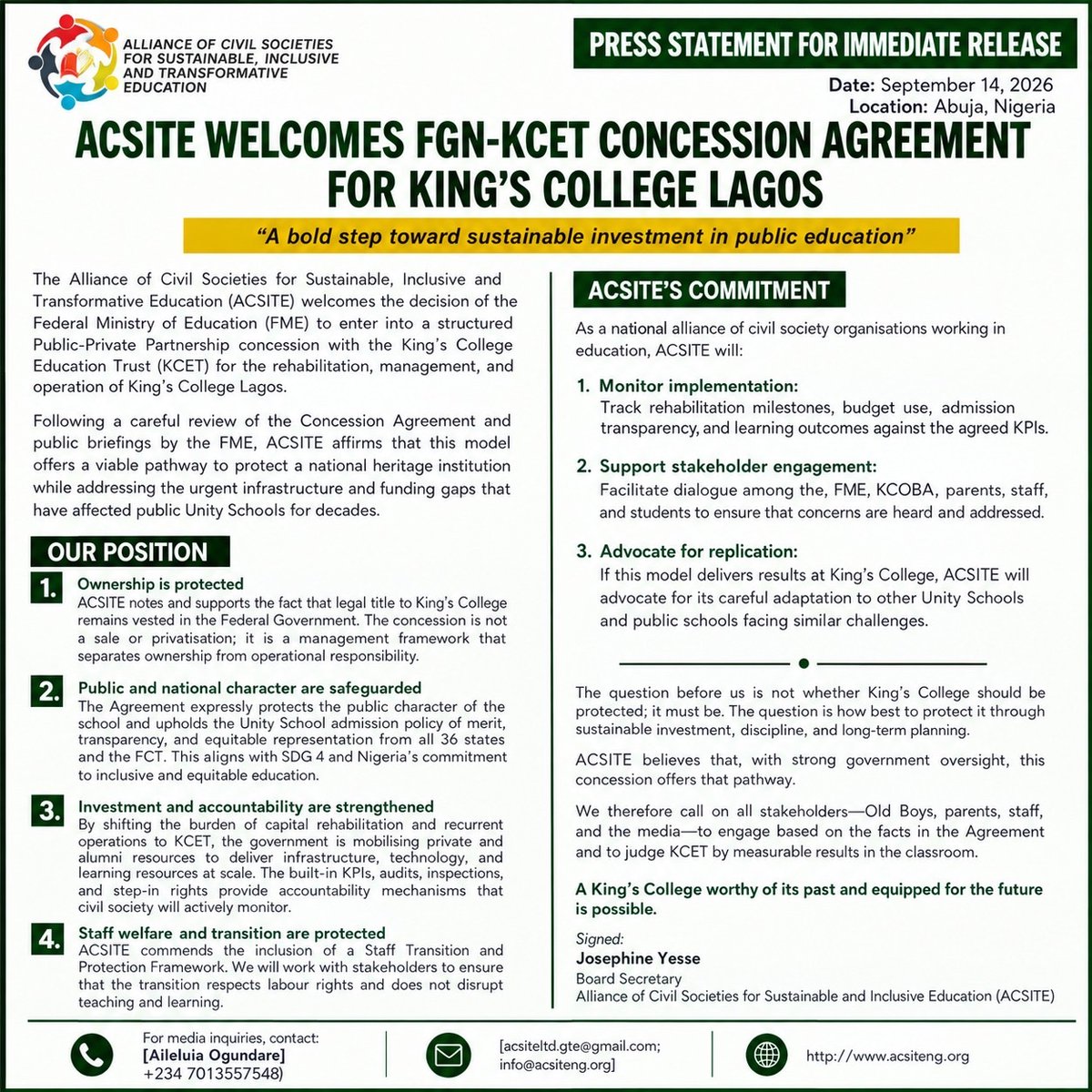 lifebuilders141's tweet photo. ACSITE WELCOMES FGN-KCET CONCESSION AGREEMENT
FOR KING’S COLLEGE LAGOS
#educationinNigeria #ACSITE https://t.co/51R1IpTJpk