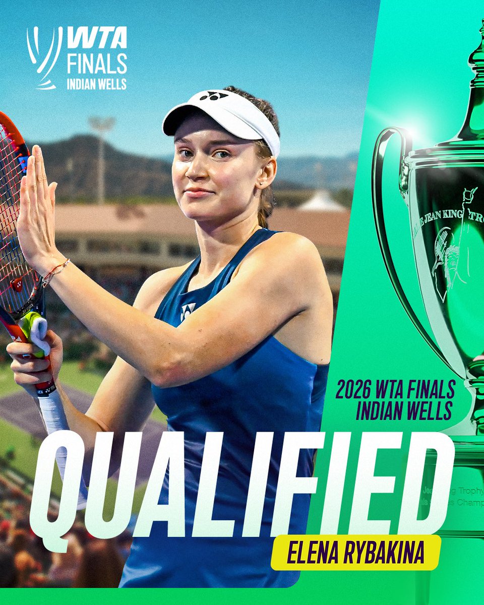 WTA's tweet photo. The best in the world is heading to The Ultimate Stage 🤩

World No.1 Elena Rybakina is the first singles player to qualify for WTA Finals Indian Wells!

#WTAFinals #TheUltimateStage https://t.co/Fco9KVQKIA