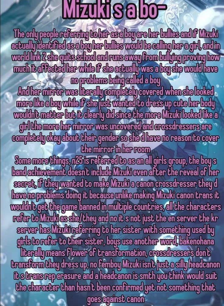 m3g4nn3's tweet photo. @windowdrive09 @Cadyshaun1 Even if this was a headcanon you guys are clearly disrespecting the headcanon? And plus it is heavily implied that mizuki is trans youre probably too stupid to understand that anyway https://t.co/cQYtYV48Ru