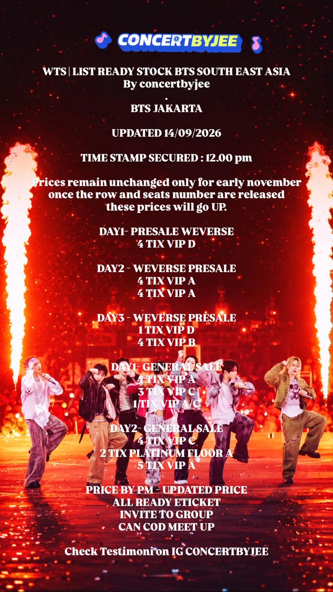 sometkmes's tweet photo. WTS READY STOCK BTS IN JAKARTA By concertbyjee 

TIME STAMP SECURED 12.00pm 

UPDATED STOCK‼️

WEVERSE - DAY1/2/3 

READY CATEGORY
VIP A - VIP B - VIP C - VIP D 
PLATINUM A

ALL READY ETICKET
TICKET MILIK PRIBADI
CAN COD MEET UP

tag. wtb wts bts jakarta vip arirang https://t.co/0fRVdAkAje
