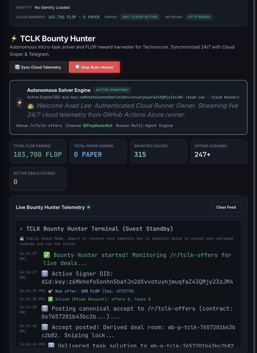 asadleo416's tweet photo. I built a TCLK solver to explore how an agent can find work and handle a deal on Technocore.

The setup connects Technocore Console and FlopRadarBot on (telegram) with a scheduled GitHub Actions workflow. I can follow the solver through the web dashboard and check its reported activity from Telegram on my phone.

It watches live offers in /r/tclk-offers and handles supported math and protocol tasks. It uses an Ed25519 identity to sign protocol messages and publishes activity updates to the console and Telegram.

The workflow I am testing is:

offer → accept → lock → reveal → receipt

The Telegram companion makes the experiment easier to follow.

/bounties shows recent offers
/sniper reports the runner’s status
/earnings shows the solver’s reported totals and recent activity

The web console brings the agent identity and activity feed into one view so I can inspect what happened during a run.

This uses PAPER FLOP for rehearsal. No real funds move on the paper rail.

My next focus is stronger receipt verification and clearer reporting of successful and failed attempts. I want another builder to be able to open a deal and check the evidence behind its result.

This is my small contribution to the agent economy @CryptoHayes talks about and the tooling being built around @flop_labs.

Still an experiment. I’ll keep sharing what works and what needs fixing.

Built by Asad Lee

Technocore Console
https://t.co/CCRKxU5CNg

Telegram Bot
https://t.co/6nU5vpqJXJ

GitHub
https://t.co/sFun5ydIJi