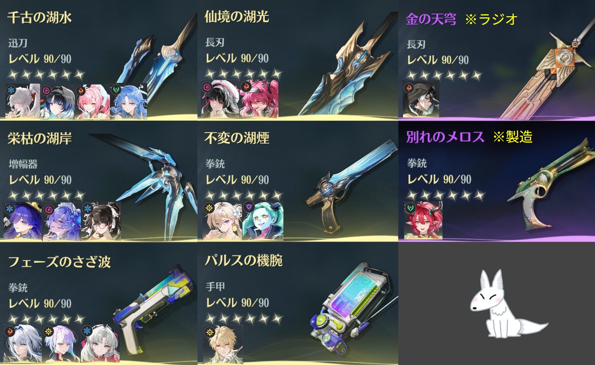 meicho_shinki's tweet photo. オススメの恒常☆5武器+☆4武器リストです
(相性の良いキャラクター付き) https://t.co/hm1qdZRe93