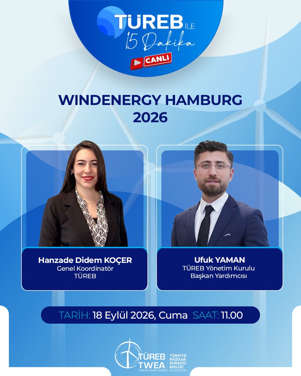 TUREB_TWEA's tweet photo. Rüzgar enerjisi sektörünün nabzını tutan "TÜREB ile 15 Dakika" programımızın bu haftaki konuğu TÜREB Yönetim Kurulu Başkan Yardımcısı Ufuk Yaman.

Youtube: https://t.co/1OJrPZQN7Q
Linkedin: https:https://t.co/YepIAjiIJS https://t.co/MaofIIIudp
