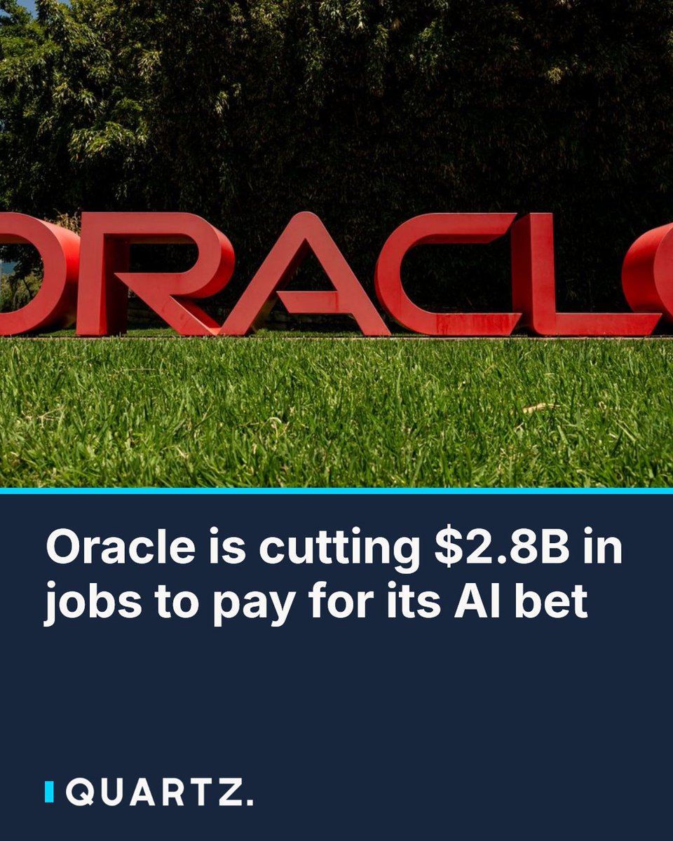 qz's tweet photo. Oracle is cutting $2.8B in jobs to pay for its AI bet: Oracle is expanding its layoffs by $700 million as it pours money into AI data centers — capital spending jumped from $8.5B to $28.5B in just one year. The company is funding the… https://t.co/rJdFV11SL7 #Oracle #AIBet https://t.co/mqNXmu2RJA