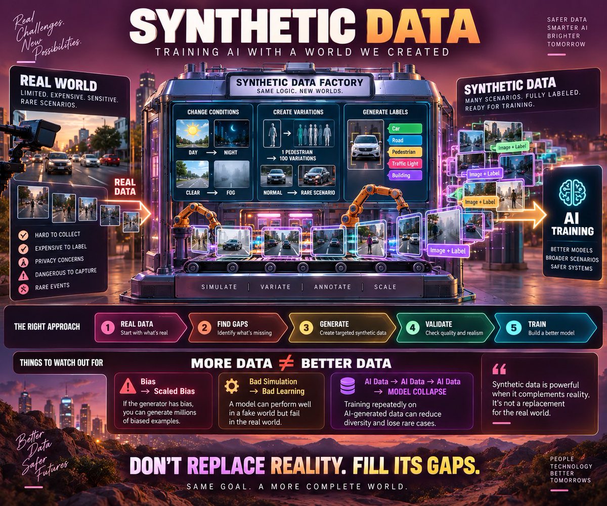 JaCreator's tweet photo. Synthetic data helps AI learn from artificially generated examples when real data is limited, expensive, sensitive or dangerous to collect. But quality matters: synthetic data should fill real-world gaps, not blindly replace reality during AI training. https://t.co/9qzdLMeM1t