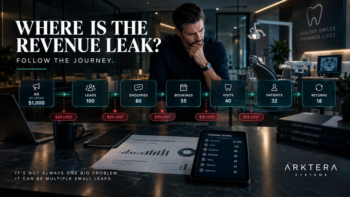 arkterasystems's tweet photo. 200 leads.

150 enquiries.

100 bookings.

75 visits.

60 patients.

35 returning patients.

Every drop raises one question:

Where did they go?

Follow the customer.
Follow the handoffs.
Follow the numbers.

6 PM: The fix.

#RevenueSystems #LeadConversion #BusinessSystems https://t.co/cuDzZ4XDWq