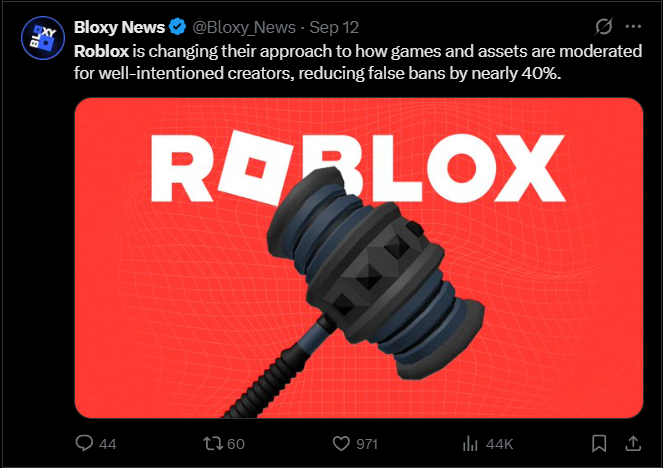 tiffikan's tweet photo. 🙌Hello to everyone affected by wrongful bans🙌

🟢🎉Roblox has begun to relax its moderation policies overall—reducing strictness by 40%, as announced at RDC26—and I’ve started noticing isolated, quiet unbans happening for users regardless of the specific reasons for their bans🎉🟢

🚨Roblox has finally acknowledged the issue; while a full-scale wave of reversals hasn't happened yet, there is now a real chance of getting unbanned in the near future.

⚠️‼️Many people are constantly discussing this issue with false bans on Twitter and the DevForum, so sooner or later, Roblox won't be able to ignore it, and a massive wave of unbans will likely follow‼️⚠️

✨For now, there is some good news: the number of wrongful bans in September dropped significantly compared to August.

🥳I predict that this issue will finally be fully resolved by the end of the year.

In any case, we’ve achieved the most important thing: moderation is becoming more lenient and "human," and the authority of AI systems is being curtailed.

Take care 💚
