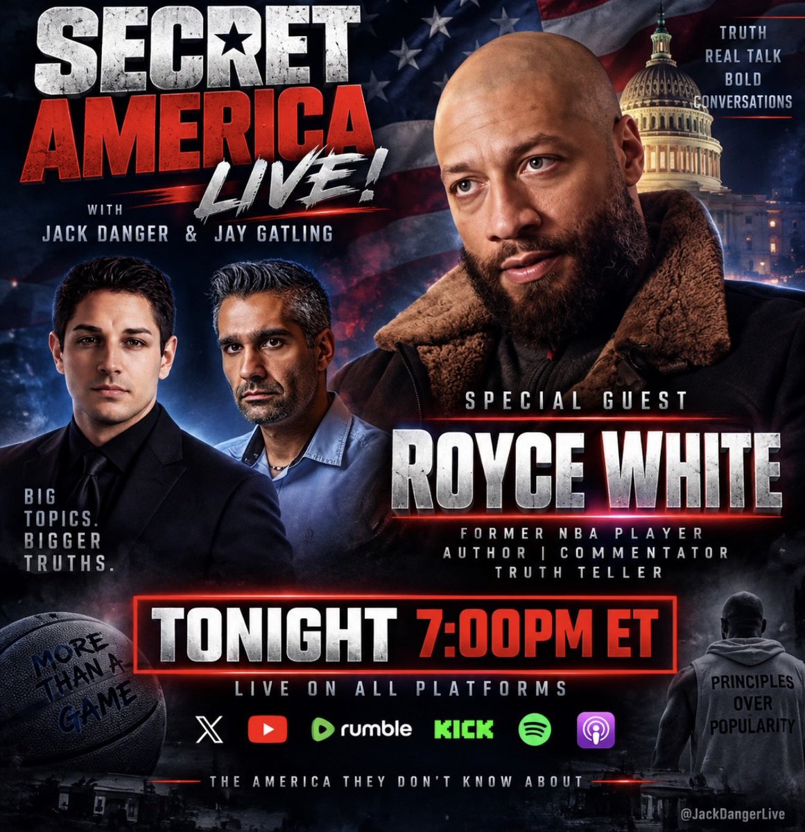 JackDangerLIVE's tweet photo. 🚨ROYCE WHITE. LIVE. UNFILTERED. TONIGHT. 

Former NBA player, and future WNBA player, Royce White, joins Secret America LIVE at 7:00PM ET.

No scripts. No filters. No topic off limits.

🇺🇸 The America they don’t want you to know about.

WATCH: https://t.co/UOOKwPYsGP https://t.co/OAdjOdluWR