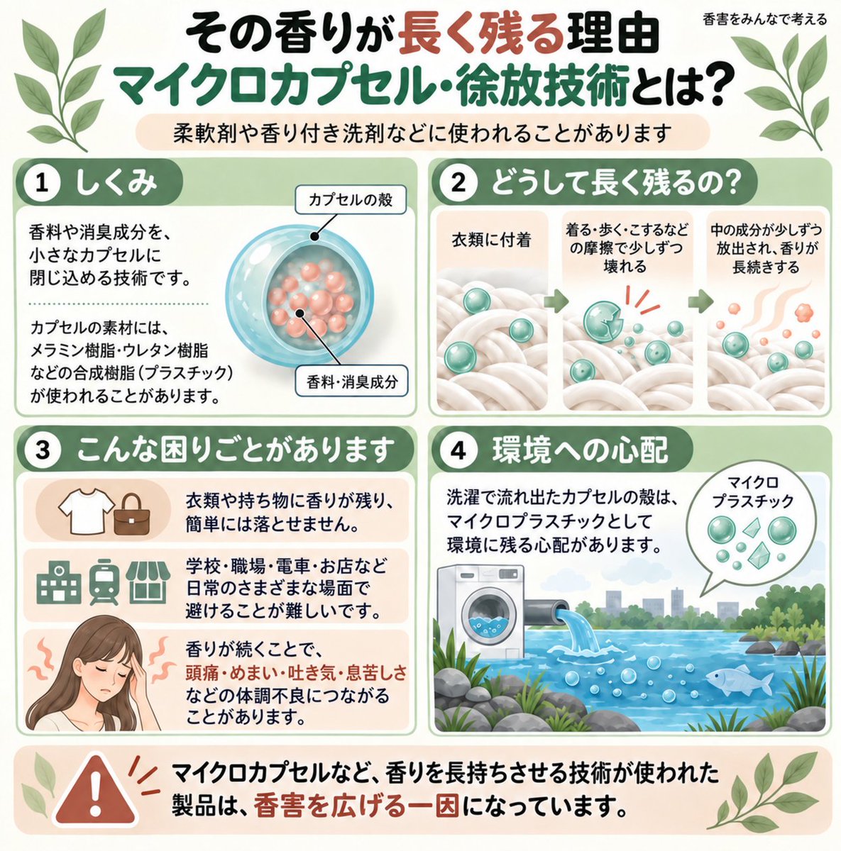 kogai_takatsuki's tweet photo. 「使って何が悪いの？」と思うかもしれません。

でも、その香りは自分の衣類だけにとどまりません。

周囲に広がり、避けたくても避けられず、体調を崩す人がいます。

「香り長持ち」の裏側で起きている問題。

それが香害です。

#香害 #香害は公害 #化学物質過敏症 https://t.co/r5dYFdG6cM