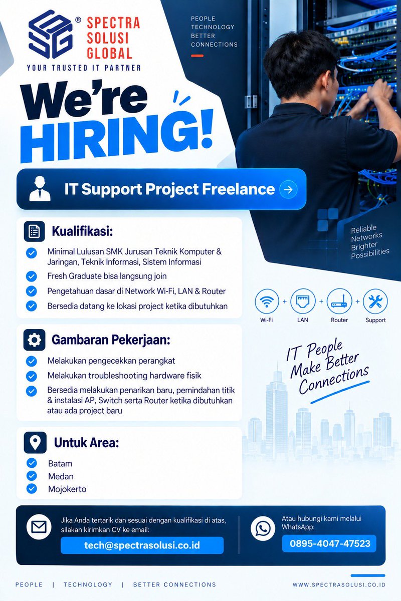 chanuseo's tweet photo. URGENTLY NEEDED ‼️

info lowongan kerja (loker) freelance as IT Support Project untuk daerah:
- Batam
- Medan
- Mojokerto

kalo memenuhi kriteria bisa langsung kirim cv ke email yg tercantum atau kalo mau tanya-tanya bisa ke WA yang tercantum juga yaah https://t.co/Yg1uONxNXy