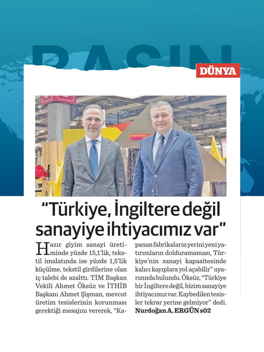 ITHIB's tweet photo. Başkanımız Ahmet Şişman ve TİM Başkan Vekilimiz Ahmet Öksüz, tekstil ve hazır giyim sektörlerimizin mevcut durumunu ve önümüzdeki döneme ilişkin beklentilerini ele aldı. https://t.co/biuHAkQyB6