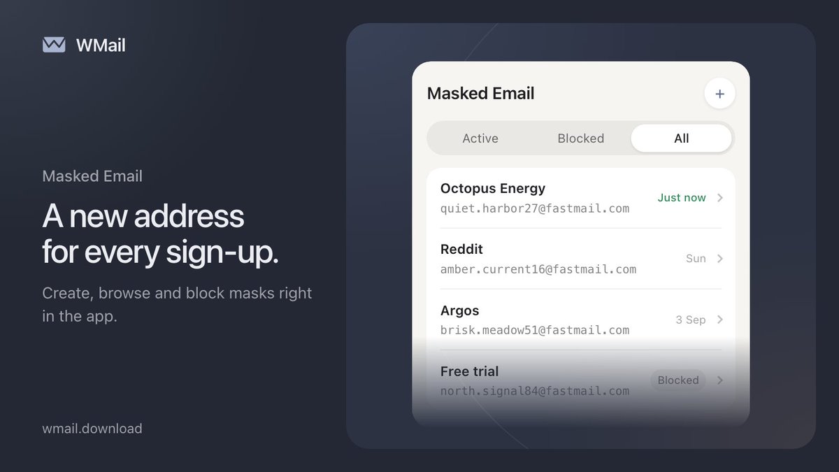 WMailApp's tweet photo. WMail makes it super easy to manage your Masked Email from Fastmail. Quickly make Masked Emails when signing up for new sites.

Browse every mask, see which are active, and block the ones that start sending spam. All without leaving the app. https://t.co/Y4fL6zZkIG
