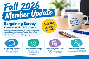 354Local's tweet photo. Local 354 Fall Member Update:

The bargaining survey is open until October 9, and we also have updates on attendance at divisional meetings, the temporary OPSEU dues levy, and membership status updates.

Check your email for the full update. - https://t.co/C4vfF2QQNH https://t.co/iWEBhK7JWW
