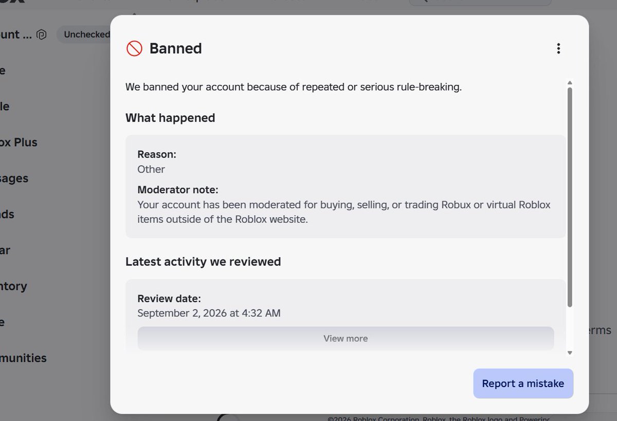 4xwstt's tweet photo. On September 2nd Roblox PERMANENTLY TERMINATED both of my accounts and permanently LOCKED all of the groups I own allegedly due to off-platform Robux trading.

Between these accounts and groups, I had 40M+ Robux (150K$+) and years of development work invested into them. All of that is now inaccessible.

I have never knowingly participated in unauthorized or off-platform Robux trading, Roblox has provided no details or evidence explaining what activity supposedly resulted in these terminations.

My appeal has now been sitting in the queue for 12 days with no meaningful response or clarification from Roblox.

One of the accounts 4xwstt had 2M+ Robux worth of limiteds My other account groupholdertimer owned 5 groups that collectively held 40M+ Robux.

Years of development investments and work are now effectively locked away

This has been happening to a lot of developers recently and unfortunately I am now one of them.

#RobloxDev #RobloxDeveloper #Roblox