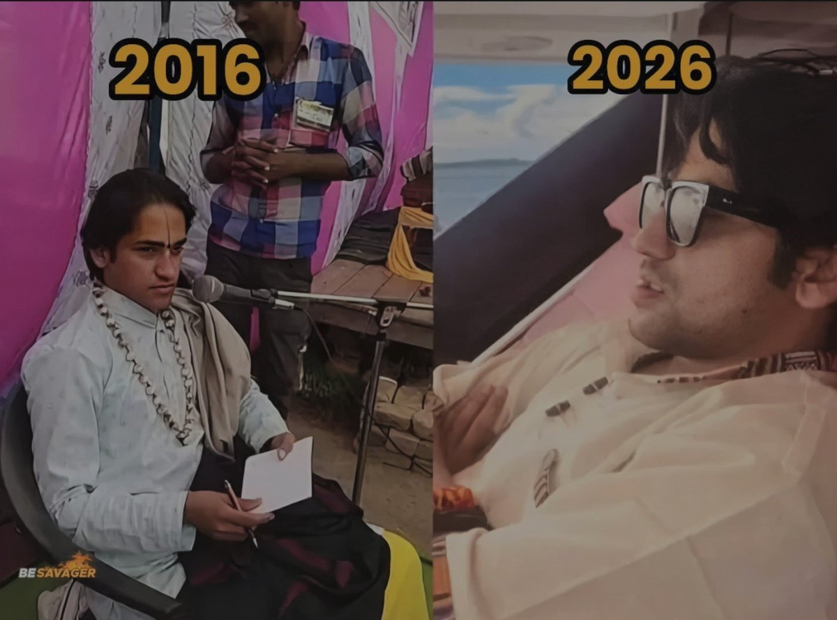 ChanakyaSpeaksX's tweet photo. अडानी के बाद किसी के अच्छे दिन आए हैं तो वो है बागेश्वर बाबा।

Life 480 pixel से सीधा 4320 pixel पर पहुंच गई।

   2016                               2026 

Plastic chair                 VIP Seat 
Low budget                Gucci goggles Old Pa system             Foreign Trip https://t.co/FoV4PUYT5R