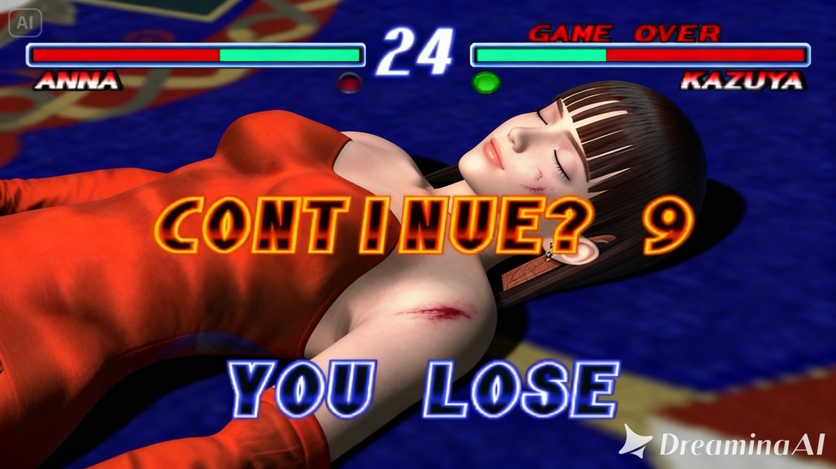prasetya_j93824's tweet photo. This Should Be More Nice Picture to See Anna Williams アンナ・ウィリアムズ Tekken 2 鉄拳2 version is KO and Down Game Over Continue Screen Ryona リョナ with new Models and Camera. The Nina Williams sister is not going to wake up after down #fightinggame #namco #girlko #psone #nosnalgiagame