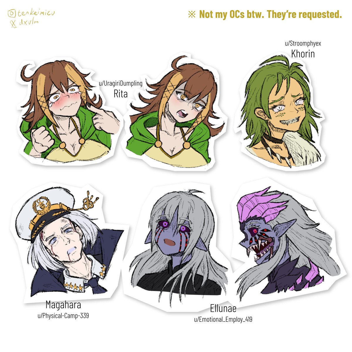 dxvlm's tweet photo. [1/3] first ever batch of OC expression requests from Reddit 👀

had people send me their OCs and i drew how i'd handle their expressions in my style. might do another round sometime

#ocㅤㅤ #ocart #originalcharacterart #characterdesign https://t.co/DnDka8sMbY