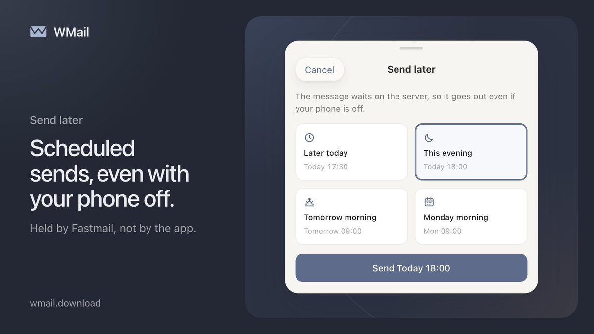 WMailApp's tweet photo. Write it now, send it Monday at 9.

Send later in WMail hands the message to Fastmail’s servers, so it goes out even if your phone is off, and you can see it in Fastmail on the web too.

Stop using mail apps that don't sync key features with your provider.

Coming soon. https://t.co/5mQnB3M8Rw