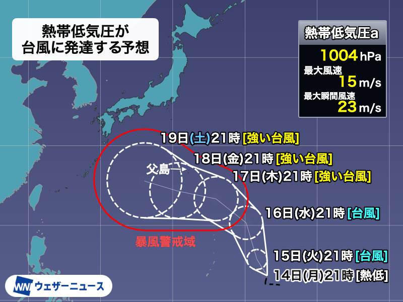 wni_jp's tweet photo. 【台風発生予想】
9月14日(月)21時現在、トラック諸島近海で発達中の熱帯低気圧について、気象庁は「24時間以内に台風に発達する見込み」と発表中。次に発生すると「台風25号」。
シルバーウィークの5連休に日本列島に影響がでるおそれがあるため、今後の進路に注意を。
https://t.co/huEyCgsKpT https://t.co/x6FpZu1csH