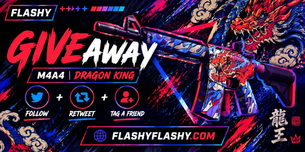 flashyflashycom's tweet photo. 24H GIVEAWAY !!! M4A4 龍王 (Dragon King) !

To win:
✅ Visit for free codes: https://t.co/EmdZFb87B5
✅ Retweet
✅ Tag a friend 
✅ Follow us https://t.co/JMoondLR3Z