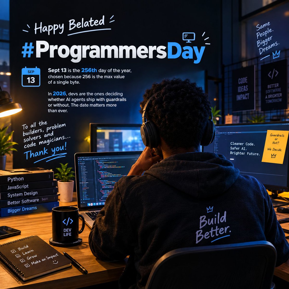 ZeroBytes_ai's tweet photo. Happy belated #ProgrammersDay 🖥️ — Sept 13 is the 256th day of the year, chosen because 256 is the max value of a single byte. In 2026, devs are the ones deciding whether AI agents ship with guardrails or without. The date matters more than ever. https://t.co/Gks8qPR2nL