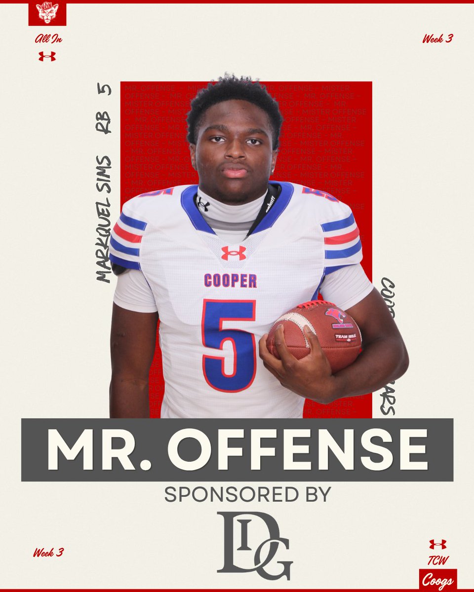 Coopercoogs1's tweet photo. Week 3 Game Awards:  
Big Cat - Jamarion Dunson 
Mr. Offense - Markquel Sims
Mr. Defense - Marshall Au 
Mr. Special Teams - Felipe Herrera

Thank you to our sponsors Budget Blinds, Directors Investments, and Key City Homes! https://t.co/9R9ZLUfuYT