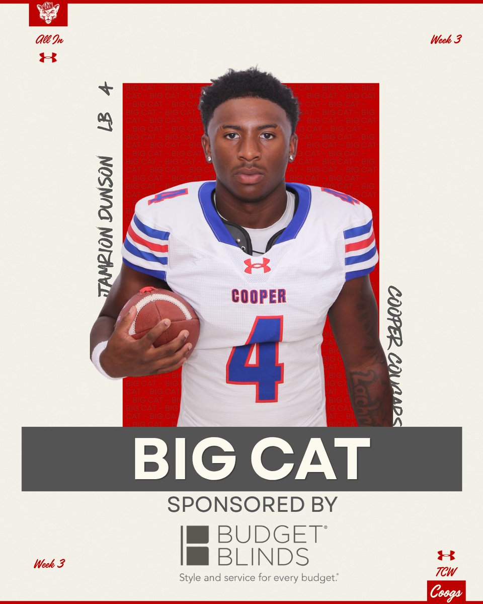 Coopercoogs1's tweet photo. Week 3 Game Awards:  
Big Cat - Jamarion Dunson 
Mr. Offense - Markquel Sims
Mr. Defense - Marshall Au 
Mr. Special Teams - Felipe Herrera

Thank you to our sponsors Budget Blinds, Directors Investments, and Key City Homes! https://t.co/9R9ZLUfuYT