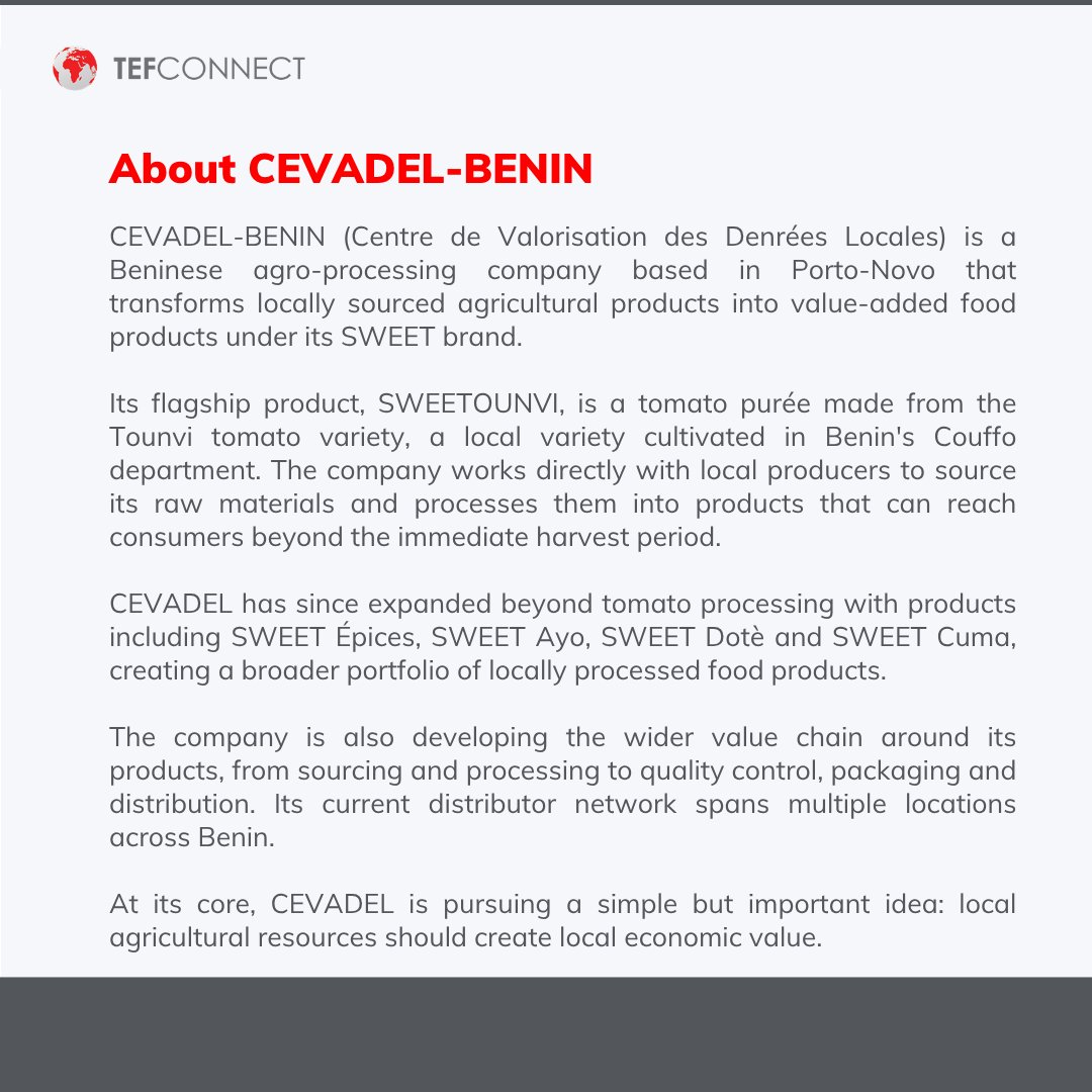 TefConnect's tweet photo. 2019 #TEFAlumni Louis Wilfried Yehouessi is transforming locally grown tomatoes into value-added products through CEVADEL-BENIN, reducing post-harvest losses while strengthening Benin’s local food value chain. https://t.co/EJU1IPxEgT