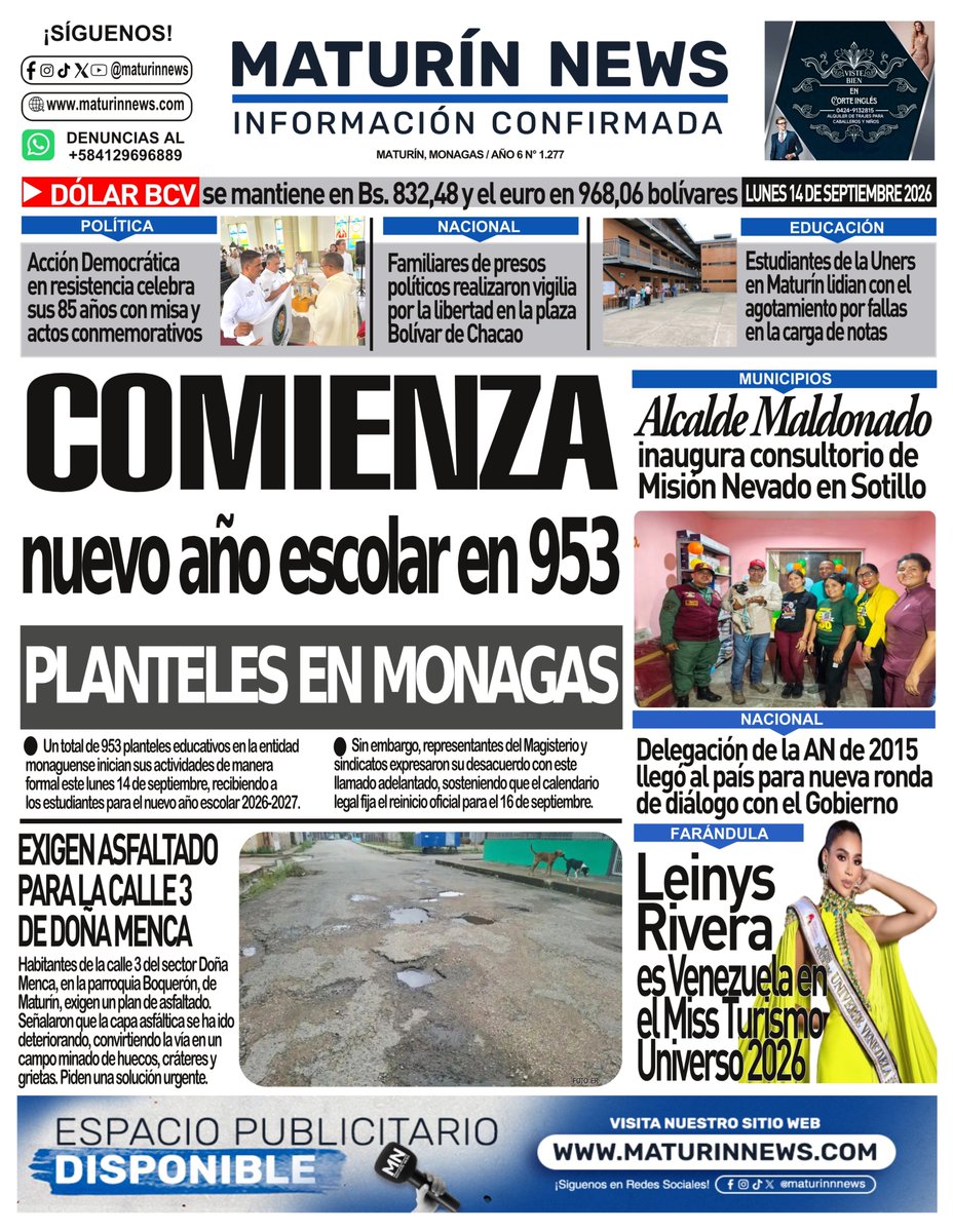 maturinnews's tweet photo. Presentamos nuestra portada LUNES 14-09-2026.
.
.
Amplía las informaciones en https://t.co/zbeJskFSK5. 
.
.
.
#Maturin #Monagas #Noticias #MaturinNews #Esviral https://t.co/SphR2LC6pN