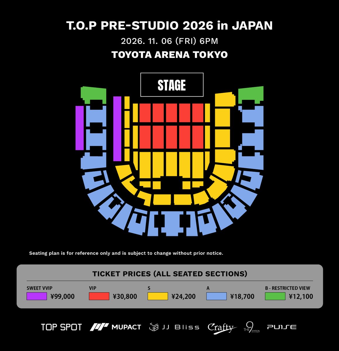 topsx_jp_ofc's tweet photo. 📢 TICKET INFORMATION
「T.O.P PRE-STUDIO 2026 in JAPAN」
ファンクラブ先行（抽選）受付が明日から始まります。

アジア各地を巡る「PRE-STUDIO 2026」が、
ついに日本へ――。
T.O.Pの誕生日直後に迎える特別な一夜。
TOPSX JAPANだからこそ生み出せる、会場がひとつになる瞬間を、ぜひ皆さんとともに作りたいと思っています。

📅 2026年11月6日（金）
OPEN 17:00 / START 18:00
📍 TOYOTA ARENA TOKYO

TOYOTA ARENA TOKYOならではの特別な観覧体験を楽しめる、VVIP「TERRACE SUITE / SUITE」もご用意しています。

チケットの詳細は下記のリンクでご確認お願いします。
https://t.co/V3b1UAREjD

🎫 FC先行受付
9月15日（火）12:00 START

▶︎ 日本国内在住の会員様：https://t.co/VANFsZ09p4
▶︎ 海外在住の会員様：https://t.co/sTYRFru8b6

※抽選は国内・海外共通で実施されますため、いずれの申込ページからお申し込みいただいても抽選条件に違いはございません。

#TOP #TOPSX #PRESTUDIO2026 #ファンクラブ先行販売