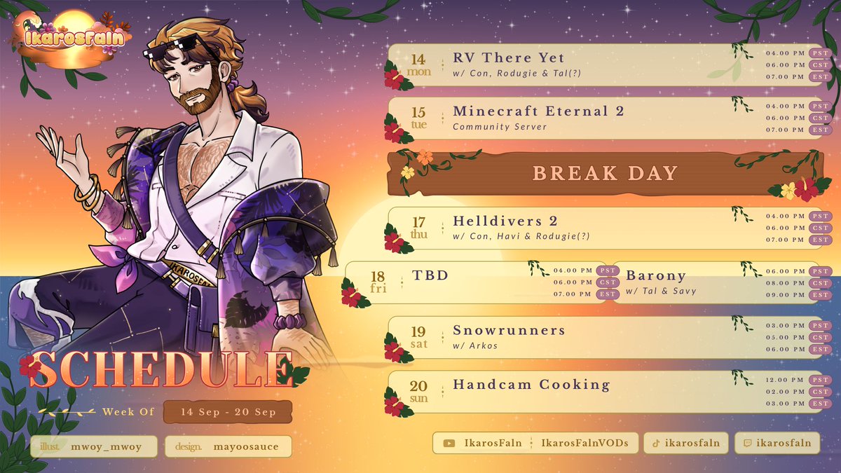 IkarosFaln's tweet photo. September 14, 2026 - September 20, 2026

🗓️ Schedule - @mayoosauce
🎨 Art - @mwoy_mwoy
🟣 https://t.co/ghANrLqriA

#Vtuber #ENVtuber #twitch #schedule https://t.co/qMBfN6Fmjk
