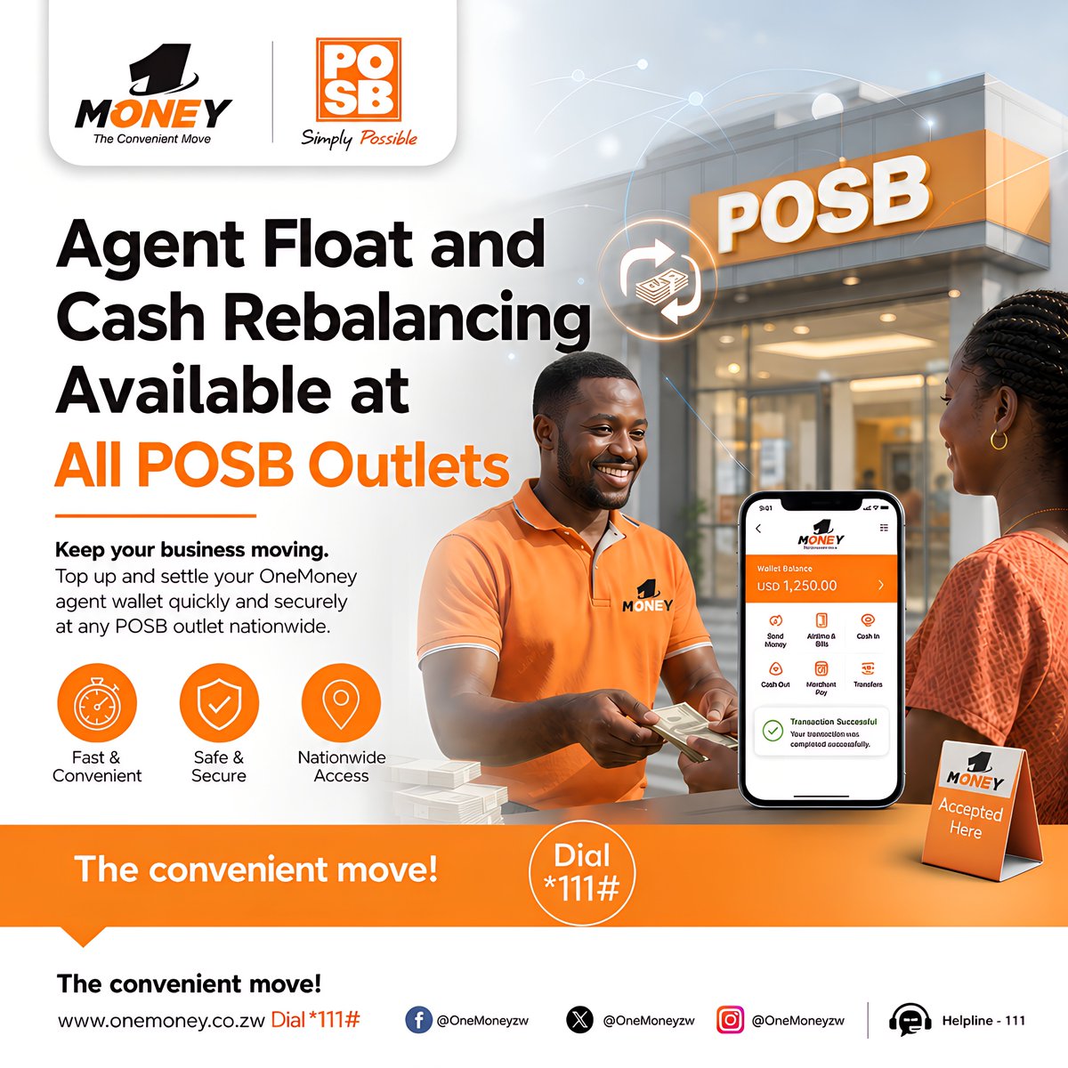 NetOneCellular's tweet photo. Top up and settle your agent wallet quickly, safely, and securely so you can keep serving your customers without downtime.

Why rebalance with POSB?
⏱️ Fast & Convenient: Smooth, hassle-free processing
🛡️ Safe & Secure: Total peace of mind for your business funds
📍 Nationwide Access: Available at any POSB branch near you

Dial *111# or visit your nearest POSB outlet today. Make the convenient move for your business.

#OneMoney 
#POSB 
#TheConvenientMove