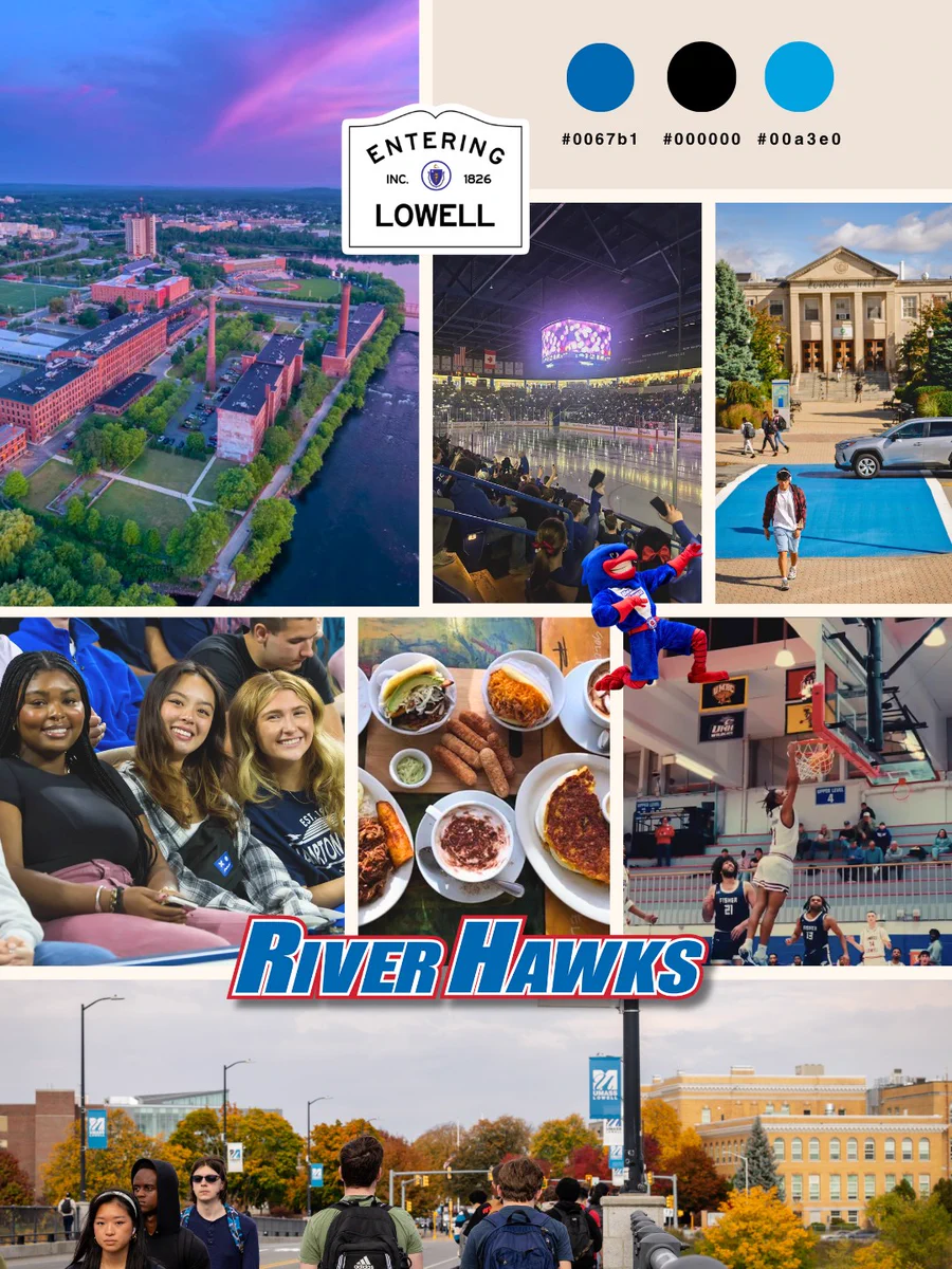 Collage of UMass Lowell campus life and events, including hockey games, homecoming, fall campus scenery, dining halls, and an entering Lowell sign EST 1826. The word River Hawks is written along with an image of Rowdy the mascot.