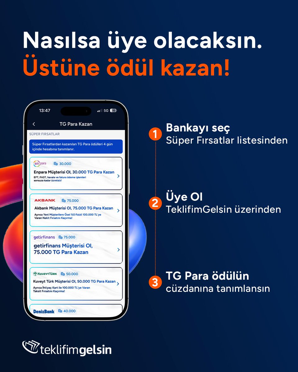 Karavandaborsa's tweet photo. Süper Fırsatlar, TeklifimGelsin'in anlaşmalı bankalarıyla oluşturduğu ödüllü üyelik kampanyasıdır.
Kullanıcı, TeklifimGelsin üzerinden ilgili bankanın müşterisi olduğunda, o kampanyaya tanımlı miktarda
TG Para ödülünü kazanır. Mantık basit: kişi zaten bankaya müşteri olacaktır; doğrudan bankadan olmak
yerine TeklifimGelsin üzerinden müşteri olur, üstüne bir de TG Para ödülü alır. TG Para, uygulama içinde
biriken bir ödül/puan birimidir. Kullanıcılar kazandıkları TG Paraları belli bir ödül eşiğini aştıklarında
doğrudan banka hesaplarına TL olarak aktarabilir.

Sende TeklifimGelsin uygulamasını indir Süper fırsatları kaçırma.
https://t.co/z9jTVtqo8h

@teklifimgelsin #işbirliği