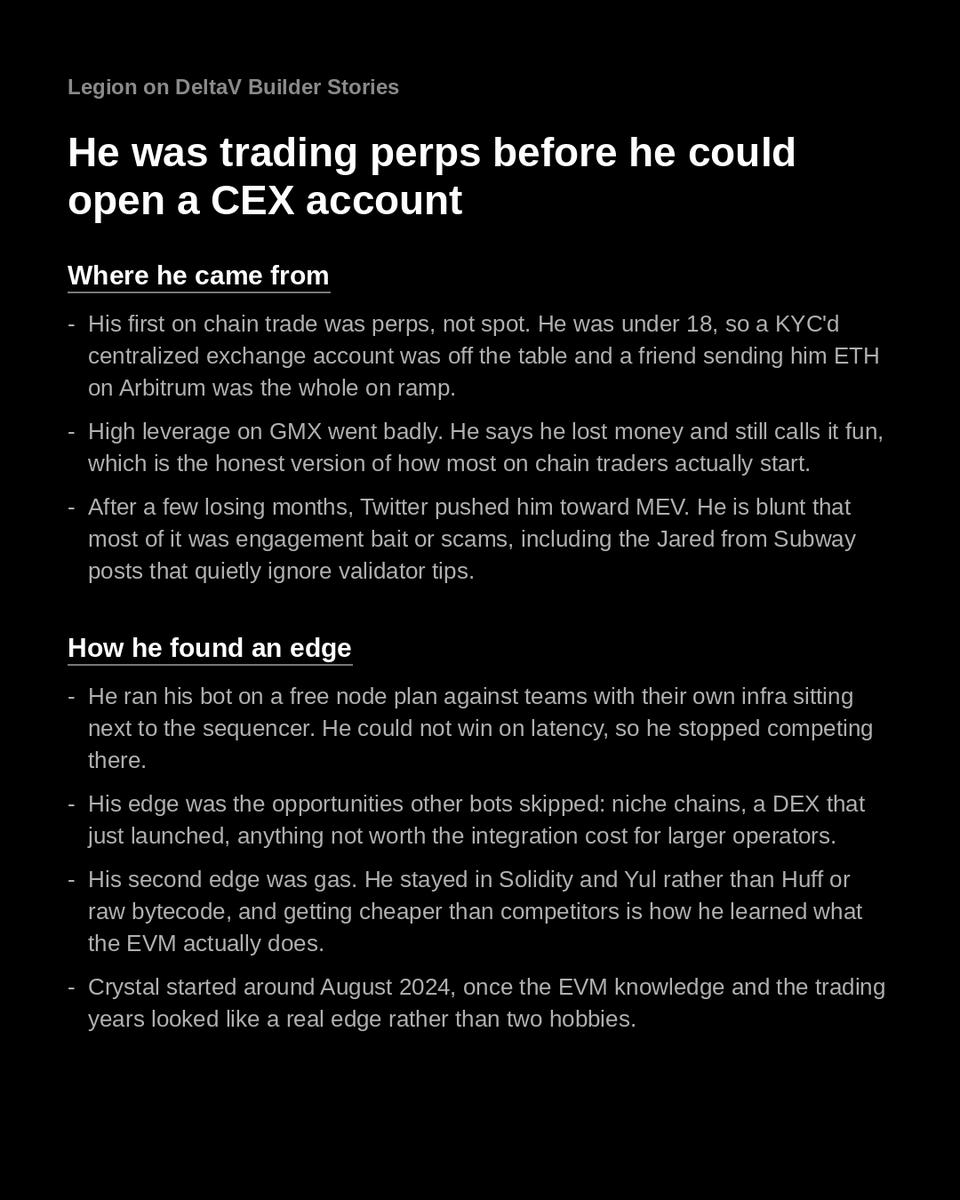 DeltaV_xyz's tweet photo. Podcast notes from DeltaV Builder Stories Ep. 12 with @legionevm , co-founder of @CrystalExch

"As an exchange you have two jobs. One is provide the best trading experience. Two is to be the only place you can trade certain assets." https://t.co/852Afb92AY