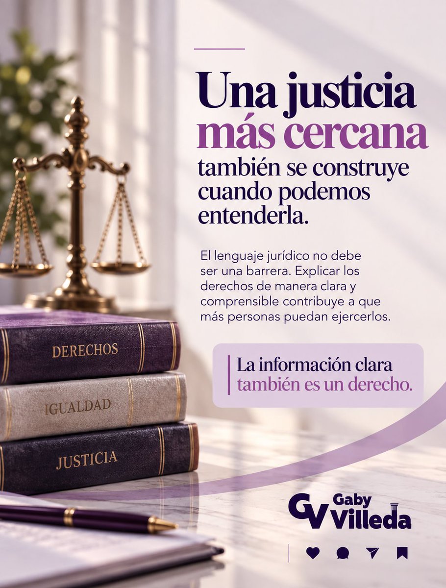 gabyvilledam's tweet photo. Una justicia cercana también debe poder entenderse.

Explicar derechos, trámites y opciones con claridad ayuda a tomar mejores decisiones y acercarnos a las instituciones con mayor certeza.

La información clara también es un derecho. ⚖️

#AccesoALaJusticia #LenguajeClaro #GabyVilleda