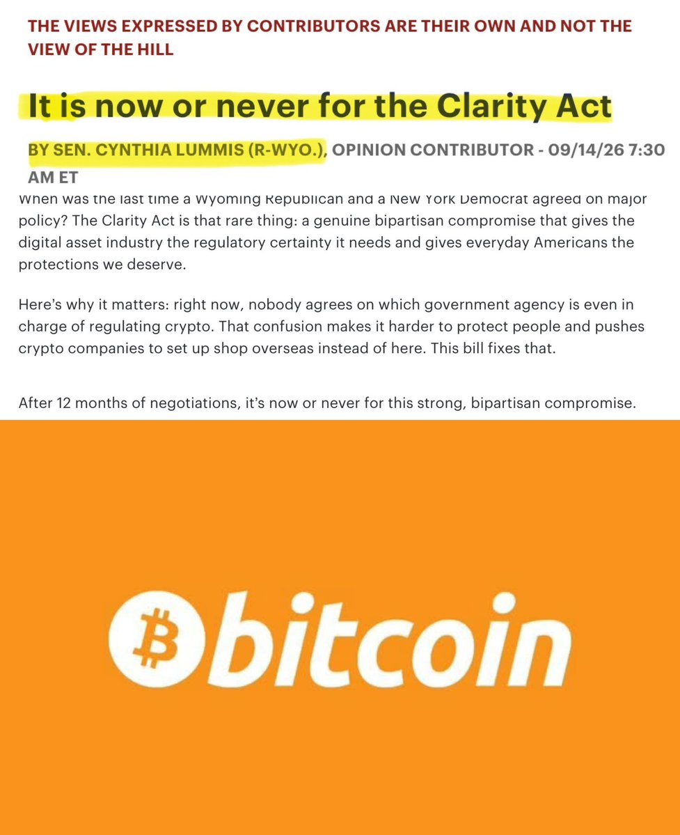 CryptoETFGlobal's tweet photo. 🇺🇸 Senator Lummis issues "Now or never" rally cry for the Clarity Act on eve of Senate vote! 

In an op-ed published on The Hill on Sept 14, Senator Cynthia Lummis (R-Wyo.) framed the Clarity Act as a historic, bipartisan turning point following 12 months of intense negotiations.

What is the underlying legislative mechanism at play?

Rare Bipartisan Consensus:
The bill bridges Wyoming Republicans and New York Democrats, establishing unified statutory rules for the digital asset industry while securing essential consumer protections.

Eliminating Regulatory Ambiguity:
By resolving jurisdiction overlaps between the SEC and CFTC, the legislation eliminates the friction driving crypto innovators overseas, anchoring digital market infrastructure domestically.

Unlocking Institutional Capital:
Clear statutory guardrails protect everyday retail investors while removing the long standing regulatory risk premium that kept institutional capital on the sidelines.

Lummis' "Now or Never" warning underlines the high stakes of the upcoming vote. Establishing statutory clarity for digital assets represents a permanent structural upgrade for US capital market infrastructure.

Will Capitol Hill deliver the 60-vote threshold to advance the bill? 

📊 Source: Opinion by Sen. Cynthia Lummis on The Hill (09/14/2026)