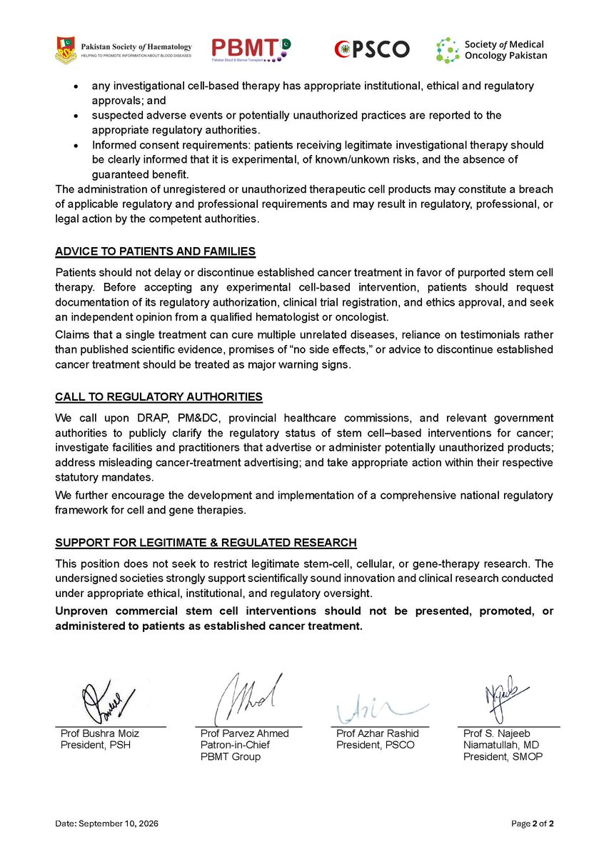 pshorgpk's tweet photo. JOINT POSITION STATEMENT
Unproven stem cell–based interventions should not be promoted or offered as established cancer treatment.
Patients should not delay evidence-based cancer care in favor of unproven therapies.
September 10, 2026
#PSH #PBMT #PSCO #SMOP #HOTA #PMDC #PHOTA https://t.co/CKXP195wnA