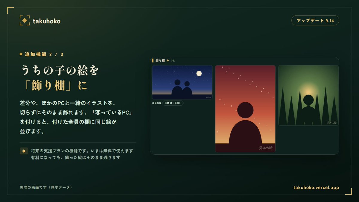 takuhoko's tweet photo. takuhoko アップデート（9/14）

マイPCを作り直しました。
・全員おなじ縦長の札の一覧
・うちの子の絵を飾れる「飾り棚」
・卓報告から自動で並ぶ「軌跡」

飾り棚は将来の支援プランの機能です。
いまは無料で、有料になっても飾った絵は残ります。

https://t.co/w6RBxL5CHX https://t.co/KbPOEpXS77