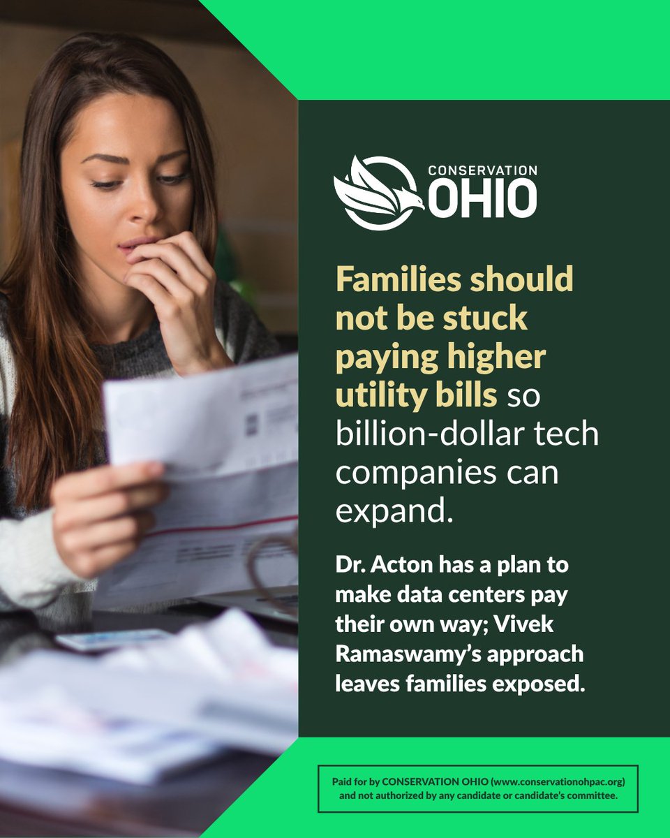 ConservationOH's tweet photo. Data centers are booming across Ohio, but families should not be stuck paying higher utility bills so billion-dollar tech companies can expand. Dr. Acton has a plan to make data centers pay their own way; Vivek Ramaswamy’s approach leaves families exposed. https://t.co/8RAaAFH9Qa