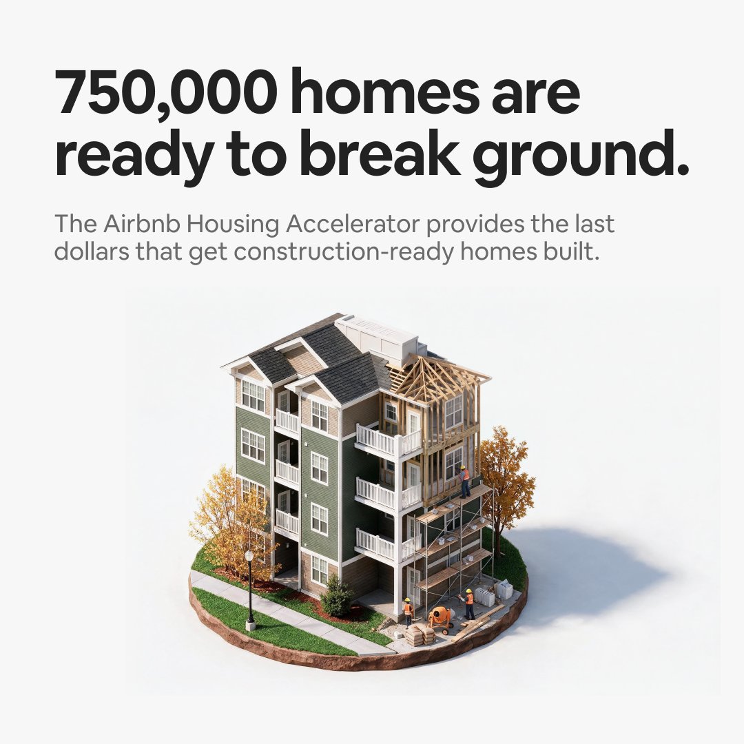 AirbnbPolicy's tweet photo. 750,000 homes across the country are ready to build, and stuck without final funding.

They've cleared the hurdles. They just need the last dollars to break ground.

Today, we're doing something about it. Introducing the Airbnb Housing Accelerator. 🧵 https://t.co/APDMuU9OUb