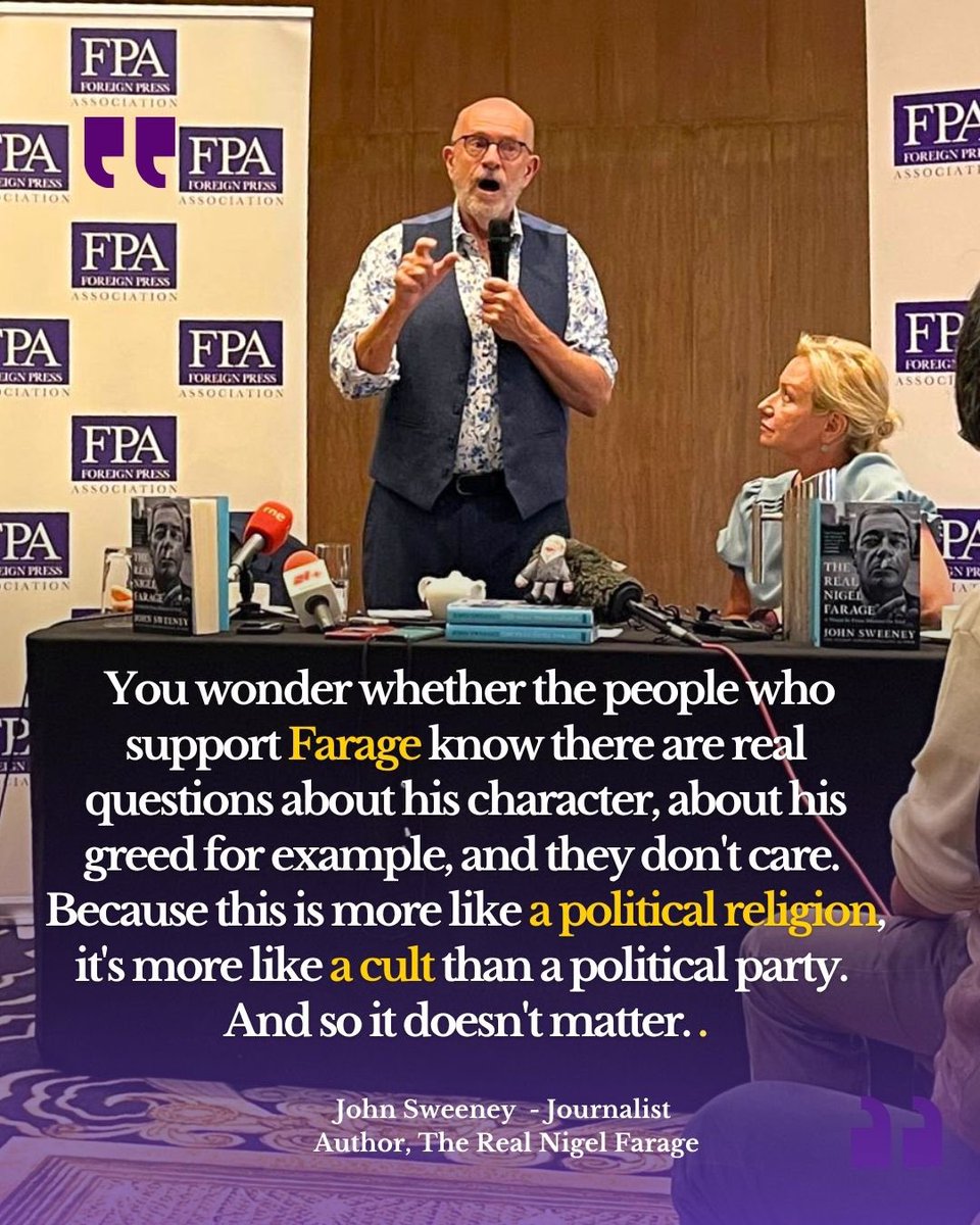 FPALondon's tweet photo. “Nobody good in politics should ever accept money from a convicted fraudster. It’s quite simple. And Farage did take benefits — it’s in my book,” says @johnsweeneyroars, whom we hosted for an exclusive FPA Briefing.
#Farage #NigelFarage #ReformUK #UKPolitics #BritishPolitics #FPA https://t.co/8PPOvsApbD