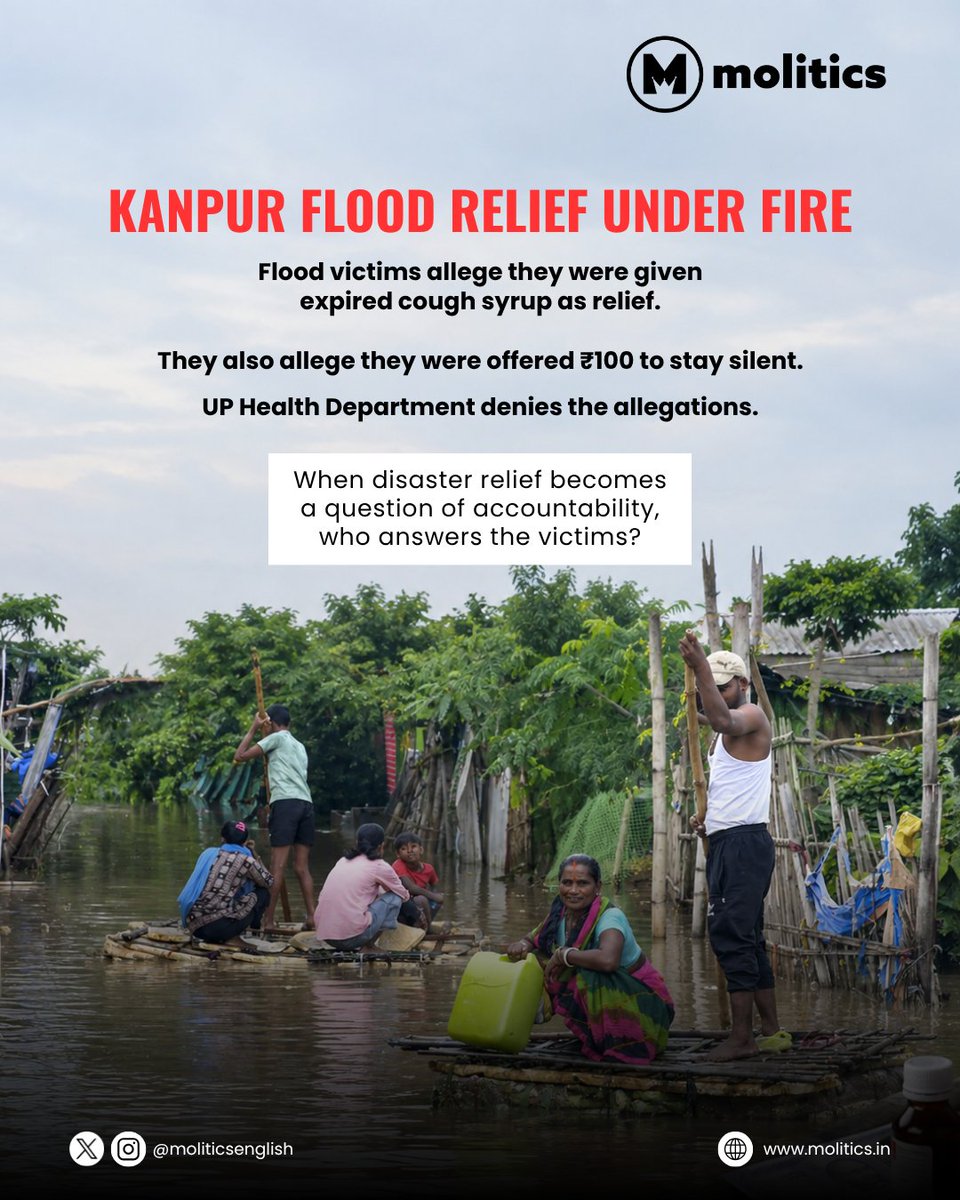 MoliticsEnglish's tweet photo. Kanpur flood victims allege they received expired cough syrup during relief efforts and were offered ₹100 to stay silent.

The UP Health Department has denied the allegations.

#Kanpur #UttarPradesh #Flood #FloodRelief #PublicHealth #GovernmentAccountability https://t.co/kUcJkscXH8