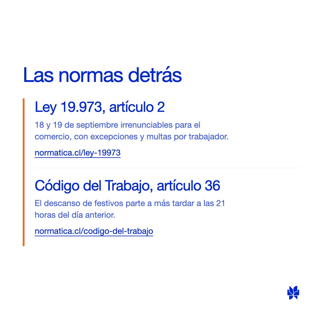 normaticacl's tweet photo. Comercio: la jornada del jueves 17 de septiembre termina a más tardar a las 21:00. El 18 y el 19 son feriados irrenunciables y el descanso dura hasta las 06:00 del domingo 20. La multa es de 5 a 20 UTM por trabajador afectado.
https://t.co/FXmpvKemMr https://t.co/tvYEx52YHN