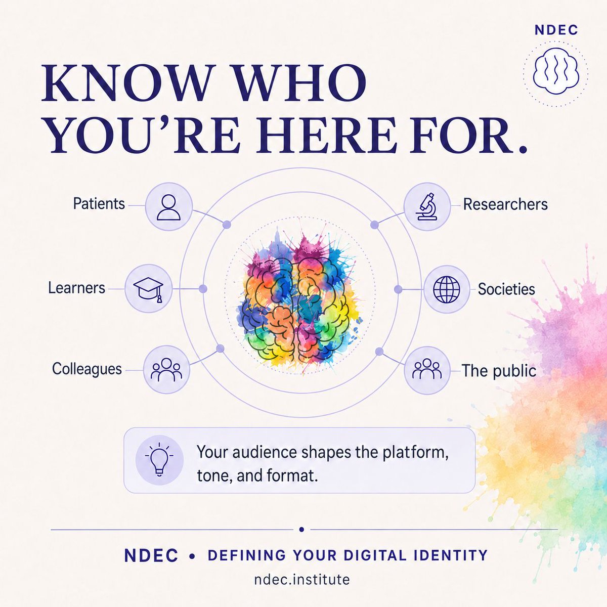 NDECinstitute's tweet photo. Know who you're here for. Patients, learners, researchers, societies, colleagues, or the public — your audience shapes your platform, tone, and format, before a single post gets written. #NDEC #Neurology #MedEd https://t.co/9xnj9kVShc