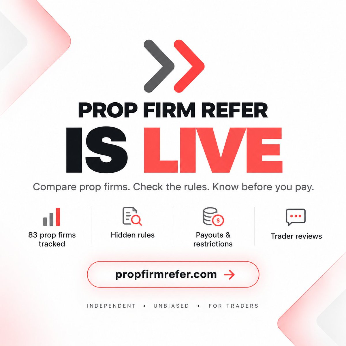 propfirmrefer's tweet photo. PropFirmRefer is officially LIVE 🚀

Compare prop firms, check the rules, review payouts &amp; trader feedback, all in one place.

Know before you pay.

→ https://t.co/MGptYWegpn https://t.co/mLb7iCSBTt
