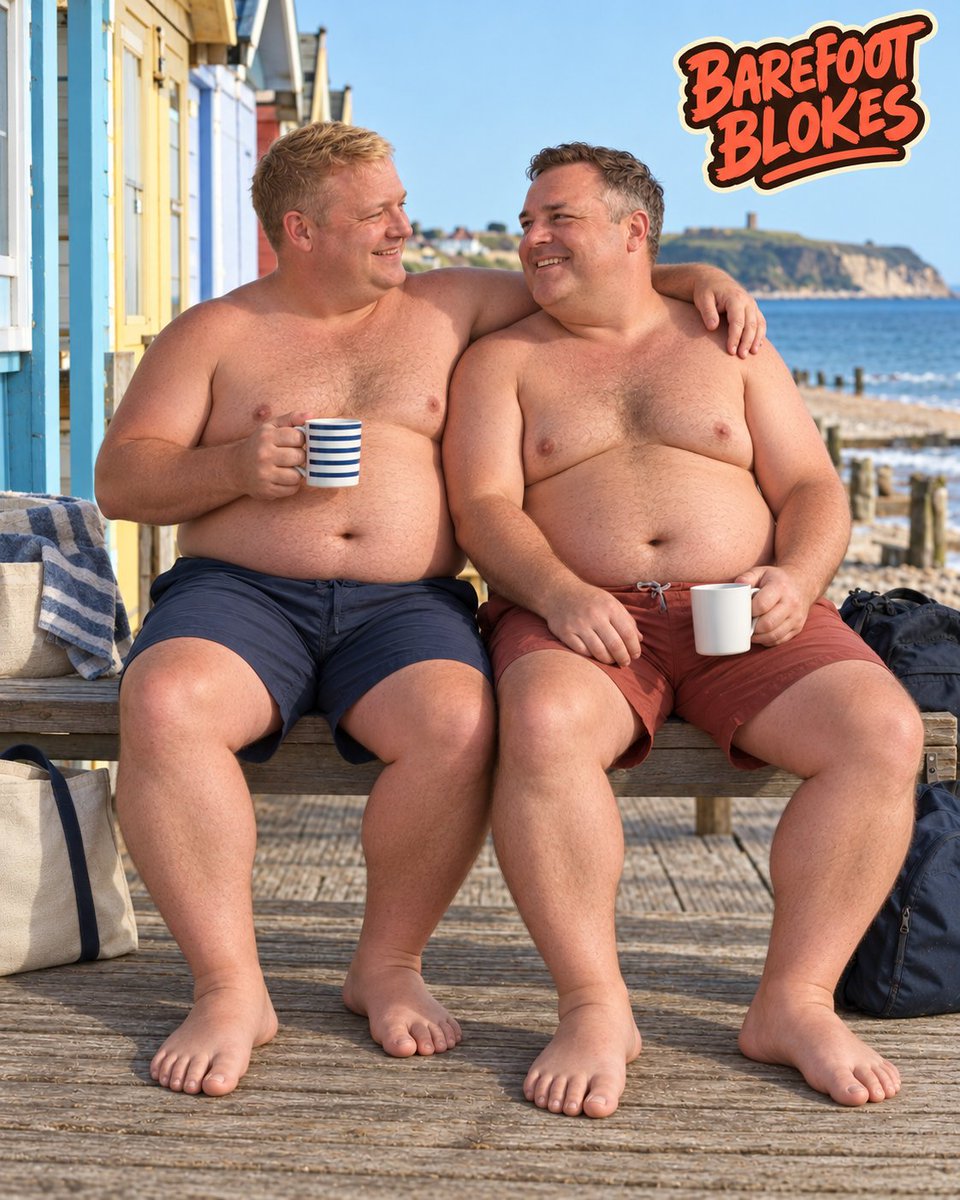 barefootblokes's tweet photo. Bare feet, big smiles and a cuppa with a good mate. ☕🌊

The simple things that make a day better.

AI-created image.

#BarefootBlokes #ChubbyBears https://t.co/c8xzqRT8HR